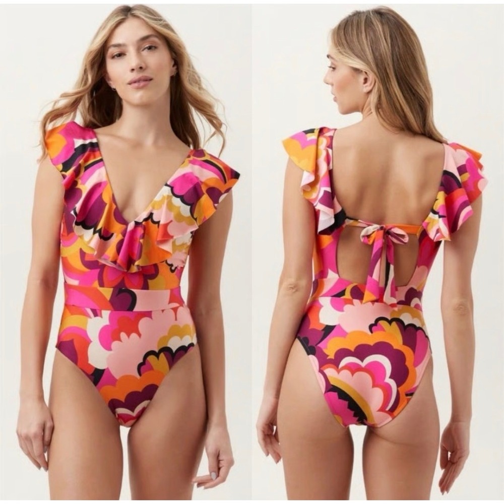Trina Turk Fan Faire Ruffle Plunge One Piece Swimsuit Psychedelic Floral Size 10